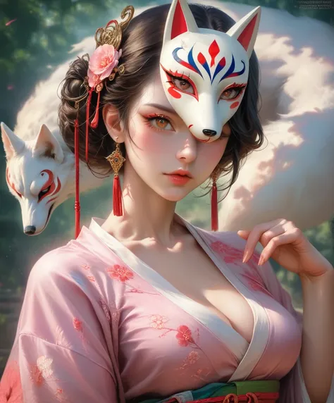 1girl, kitsune, beautiful detailed eyes, beautiful detailed lips, extremely detailed face and features, long eyelashes, detailed kimono, intricate fox mask, elegant pose, in a mystical forest, soft lighting, cinematic composition, highly detailed, 8k, (bes...