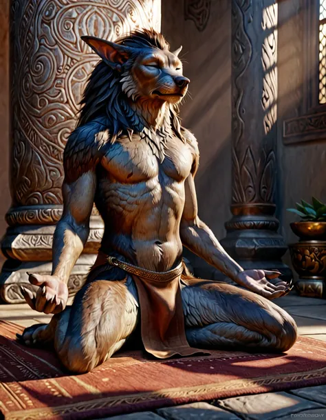 a male worgen sitting on the ground with his feet crossed, meditating, eyes closed, relaxed, wearing a loincloth, slim figure, (best quality,4k,8k,highres,masterpiece:1.2),ultra-detailed,(realistic,photorealistic,photo-realistic:1.37),portrait,fantasy,deta...