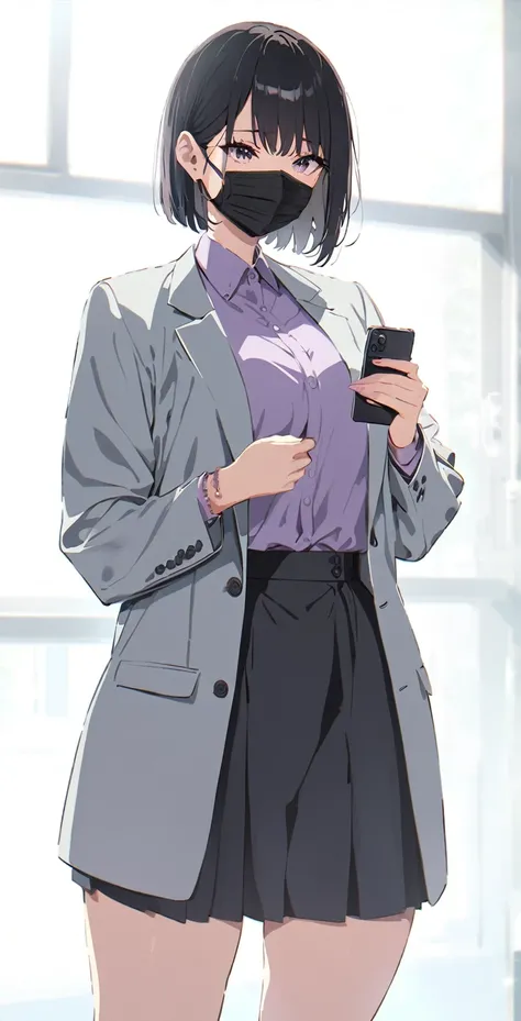 anime style, cinematic lighting, glowing light, a woman in a purple sweater, grey jacket, and black Formal Skirt Office holding a smartphone, better known as amouranth, 1girl, 24-year-old female model, big breasts, curvy body, standing pose, (Short Bob hai...