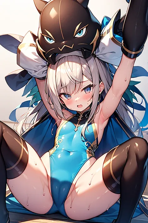 Highest quality，Detailed Description，whole bodyエズビアン，whole body，Leotard peek, Kung Fu Pose，dramatic，Spread your legs，Sweaty, I&#39;Excited, Myolin Remblanc, Ahoge, (Grey Eyes:1.5), Gray Hair, Hair between the eyes, (Long Hair:1.25), flowing bangs, Larger c...