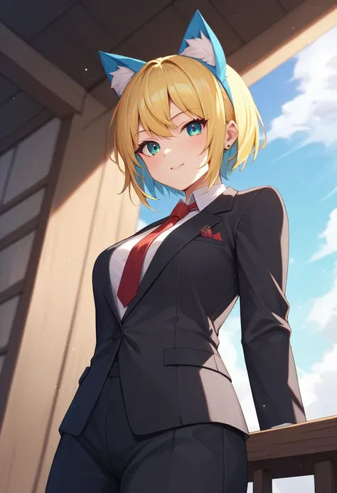 masterpiece, 1girl,solo,best qualityuy wearing (black suit and red tie), Characteristics (blue bob hair, blue eyes, blue cat ears)

girl wearing (black suit, white shirt, red ribbon), characteristics (yellow bob hair, green eyes)

Use the pose of character...