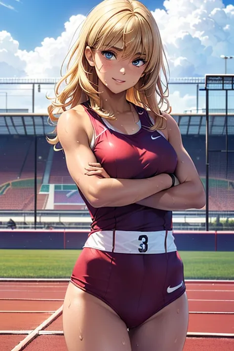 #Basics A girl is posing for a photo, (((One Girl))), (((Baby Face:1.4)) + ((cute:1.4)) + ((15 years old))), 
break 

#Clothing Accessories 
((blue and black((track and field athlete))uniform:1.5) : (Abdominal muscles:1.2) + Shiny + (High leg)) + (Blue sne...