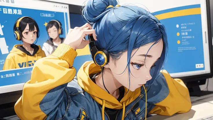 A female college student ties her hair into a bun、 and over-ear headphones、and baby face、i am strong willed、blue hair 、Yellow clothes、Denim hot pants、The background is simply light blue