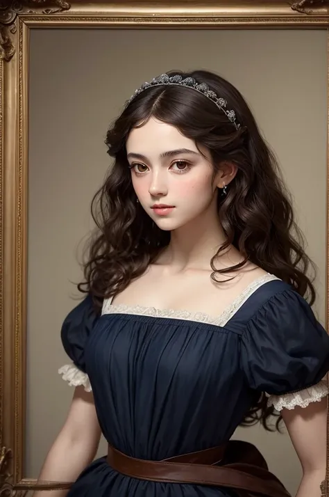 Create a Renaissance painting of a 25-year-old 18th century woman with curly dark brown hair dark brown eyes light brown skin, rectangular face, and English ancestry , navy blue dress 