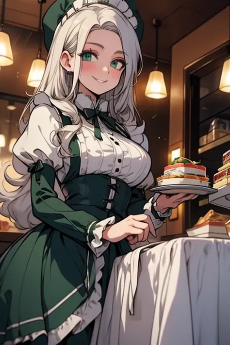 Perfect face. Perfect hands. A young silver haired woman with green eyes and an hourglass figure in a Lolita maid uniform is serving lunch in a fancy maid cafe with a big smile