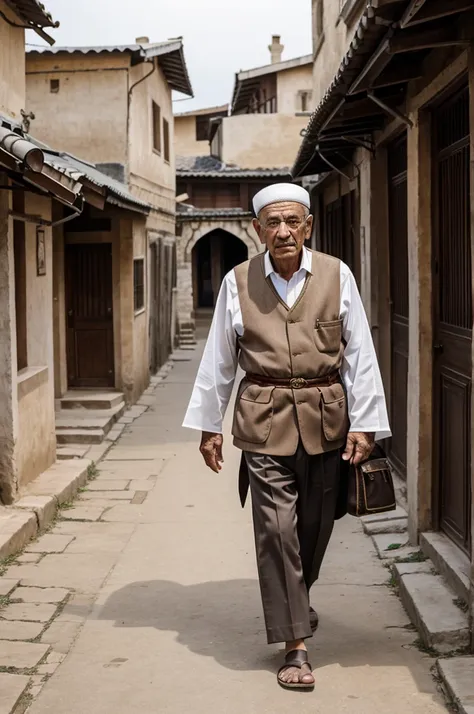 An elderly man in traditional Islamic attire, holding a small satchel, walking through a village.