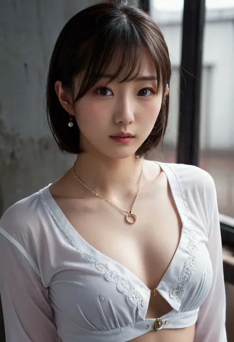 Highest quality, Ultra-high resolution, 8k, RAW Photos ,Cute school girl, Japanese, alone, (((Flat Chest))),Open blouse, Small breasts, Sensual, Embellished and sexy detailing bra,Overlap shirt,(High resolution detail of human skin texture), Hairstyle up,n...