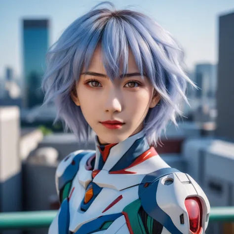 Medium close-up realistic 8K raw photography, (Captivating rei ayanami portrait:1.3), Balanced composition, Piercing gaze, Intricate attire, (Emotive expression:1.2), Urban cityscape background, Contrasting colors, (Soft natural light:1.3), Shot with a Nik...