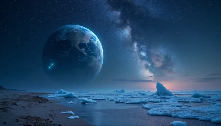 Huge planet, the night, starry sky, Surrealism, tabletop, high resolution、Impressive Milky Way、beach sand、blue sea、Drifting ice