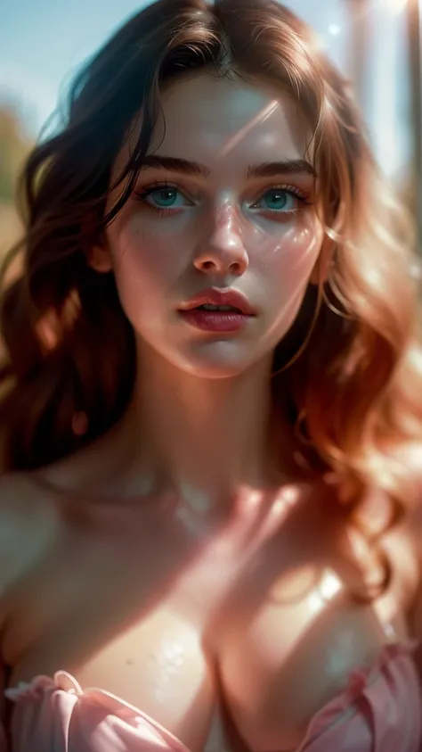 (((ultra realistic))) Photo, masterpiece, top quality, (pale skin), (Ultra detailed face and eyes:1.3), 1 girl, Adult, in a sexy attire, (Eye makeup, mascara) , ((large detailed lips)), ((pink wavy hair)), ((Chyolka)) , (Natural breasts), Slim waist. ((Pos...