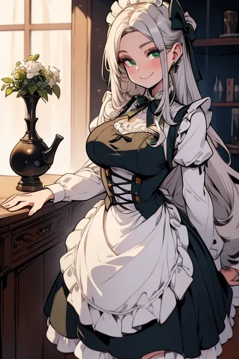 Perfect face. Perfect hands. A young silver haired woman with green eyes and an hourglass figure in a Lolita maid uniform is serving tea in a fancy maid cafe with a big smile