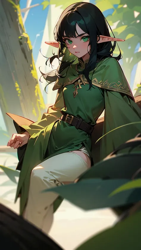 An elf with green eyes and black hair