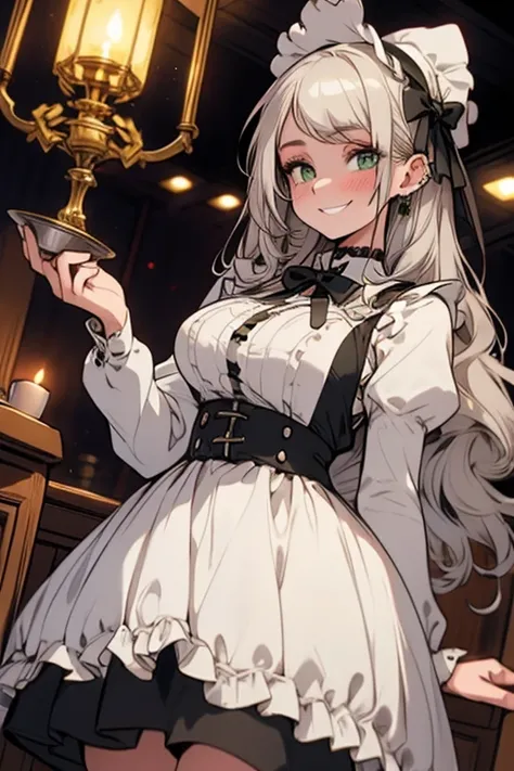 Perfect face. Perfect hands. A young silver haired woman with green eyes and an hourglass figure in a Lolita maid uniform is serving tea in a fancy maid cafe with a big smile