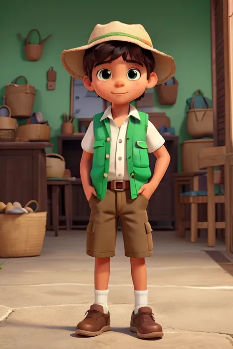 make a boy around 6 years old, with a safari vest, with a white blouse under the green vest, um shorts jeans azul claro, hair color is brown, eyes browns, dark-skinned, wearing a bucket hat the same color as his vest, I DON&#39;T want him cross-eyed, that ...