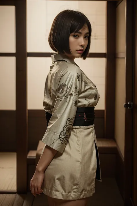 Top Quality, Masterpiece, High Definition, 1girl, Beautiful and assFace, Bob Cut, Japanese Clothing,Kimono, Intricate Details, Cinematic Feel, 8K, Very Detailed  