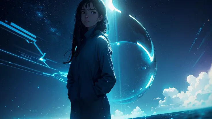 a close up of a person standing in front of a blue background, impactful ambient, ambient key art, mistic ambient, sublime ambience, sublime comforting ambience, nostalgic melancholic artwork, ambient, ambient light, ambient style, cinematic ambient lighti...