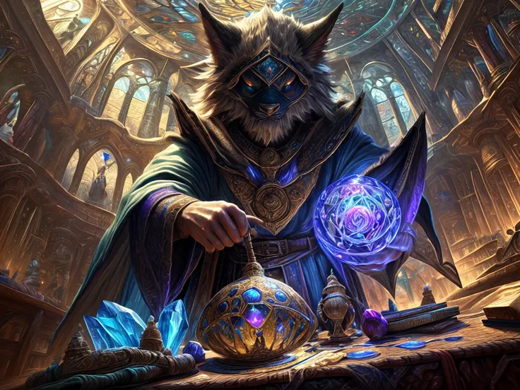 high details, best quality, 8k, [ultra detailed], masterpiece, best quality, (extremely detailed), dynamic angle, ultra wide shot, photorealistic, RAW, fantasy art, dnd art, fantasy art, realistic art, a wide angle view wallpaper of a wizard (intense detai...