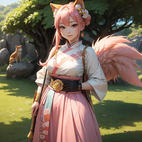 Illustration of a female version of Momotaro。Characters「peach」Named、Has pink hair and emerald green eyes。She is wearing a samurai-style outfit with a peach motif.、He is lightly gripping his sword.。The costumes are based on pink and white.、With gold embroid...