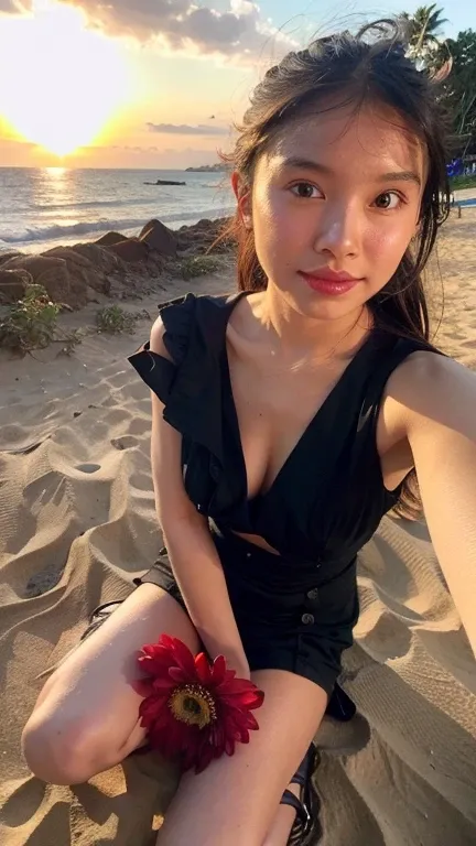 Masterpiece, best quality, ultra high resolution, hyper realistic, realistic, (photorealistic:1.4), photography, rule of third, 1girl, black hair, (the girl wearing summer dress), wearing beach sandals, beach background, sunset, detailed face , looking at ...