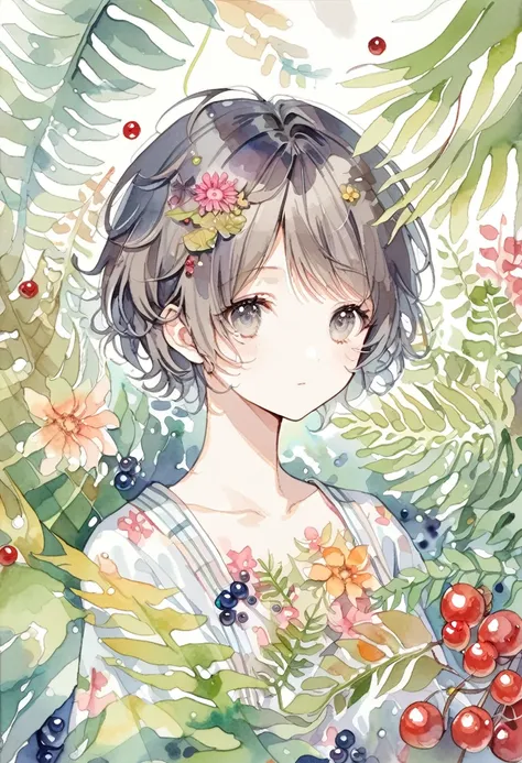 ((super detailed)beautiful flowers, berries, ferns, leaves, watercolor pattern of calming colors)(watercolor texture)(1girl, sho...