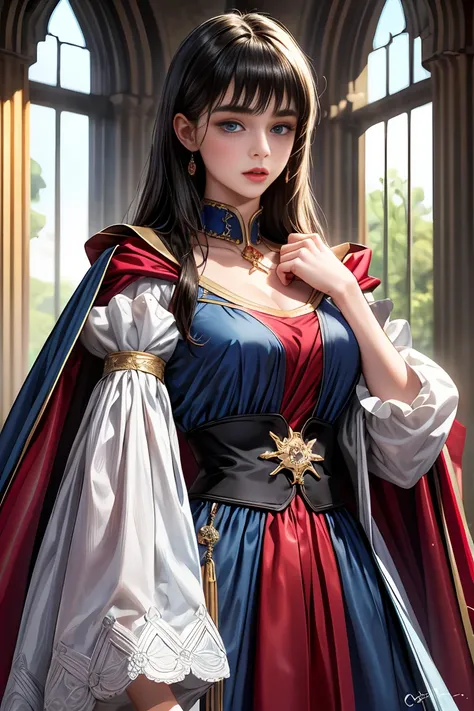 
masterpiece, 最high quality, high quality, 1 girl, alone, Female focus, Watching the audience,  Messy black hair, Adorable big blue eyes, White people, Noble, Noble,Sexy voluminous cape、vampire、A very voluminous, large, very large, very large, long, long r...