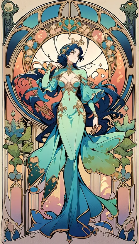 ((best quality)) , ((masterpiece)) , (detailed),Two League of Legends soldiers fight against three burning demon spirits in the splash art style.,((art nouveau style ， elegant, decorative, curvilinear forms, nature-inspired, ornate, detailed))