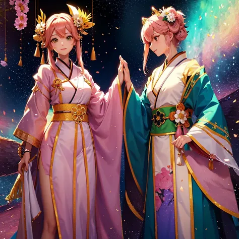 Illustration of a female version of Momotaro。Characters「peach」Named、Has pink hair and emerald green eyes。She is wearing a samurai-style outfit with a peach motif.、He is lightly gripping his sword.。The costumes are based on pink and white.、With gold embroid...