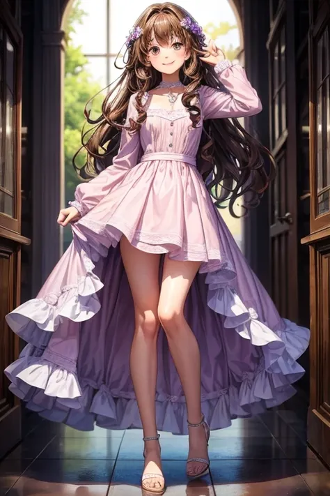 a full body image of a 15 year old teenage girl, with long, curly brown hair, brown eyes, smiling, wearing a lilac dress.