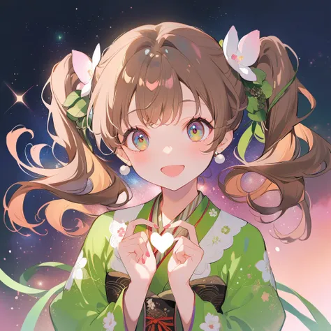 The anime avatar is of an adorable girl with long brown hair, wearing green and white attire adorned with stars. She has big eyes that sparkle in her innocent face. The background features in Japanese characters, along with other decorative elements like r...