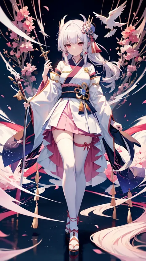 Anime girl with white hair and a pink dress holding two swords, Onmyoji portrait, onmyoji, The Detailed Art of the Onmyoji, Ayaka Genshin Impact, Azur Lane Style, Azur Lane Characters, Ayaka Games Genshin Impact, Katana Zero video game characters, From the...