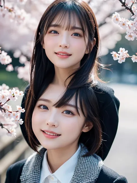 (((Face close-up)))、(((Brown, shoulder-length, straight short bob)))、(((She has a row of cherry blossom trees in the background、Posing like a model in a beauty salon。.)))、(((Casual black long sleeve winter outfit)))、Half Japanese and half Korean、18-year-ol...