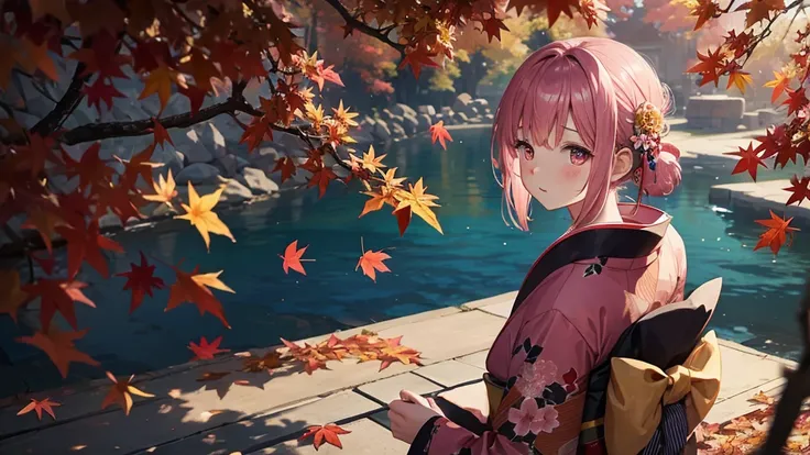 One Woman,wear(kimono),Hair is pink,Tying(Flower hair clip),blush,background(Giant Autumn Leaves)And it&#39;s falling from above,smile,standing on the right