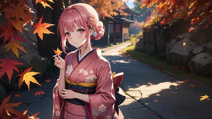 One Woman,wear(kimono),Hair is pink,Tying(Flower hair clip),blush,background(Giant Autumn Leaves)And it&#39;s falling from above,smile,standing on the right