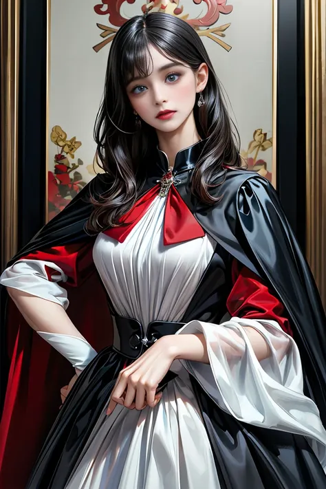 
masterpiece, 最high quality, high quality, 1 girl, alone, Female focus, Watching the audience,  Messy black hair, Adorable big blue eyes, White people, Noble, Noble,Sexy voluminous black and red cape、Tuxedo、A very voluminous, large, very large, very large,...