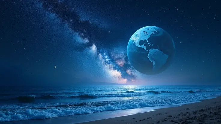 Huge planet, the night, starry sky, Surrealism, tabletop, high resolution、Impressive Milky Way:1.9、beach sand、Vast blue ocean、blue waves、Blue Glacier、lightning:1.9、Protoplanetas、neat beauty