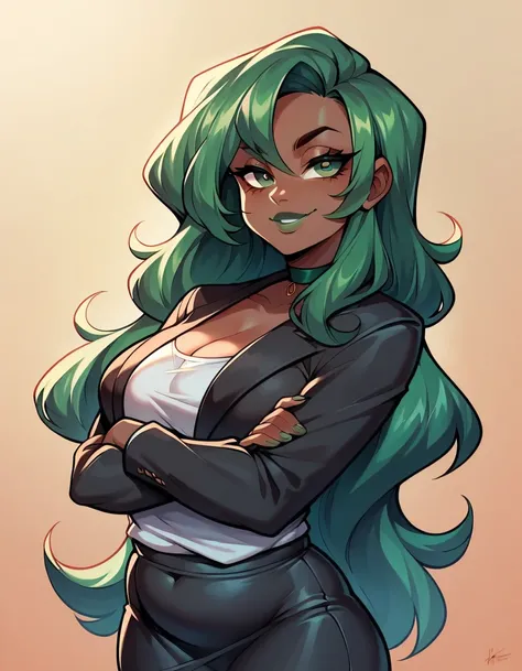 ((best quality)), ((8k)), beautiful woman, ((african skin)), kneeling, giving a blowjob, green hair, long hair, black coat, black skirt, ((crossed arms)), green lipstick, black choker, green eyes, evil smile, portrait, chubby, bbl