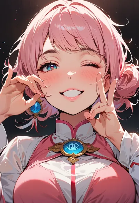 (masterpiece, best quality:1.4), 1 girl, 独奏, Off-white pupils, Blurred eyes, Close your left eye, Smile, Look up and down, Pink lower lip, peace gesture, Pink short hair, Messy hairstyle,  Royal sister, large breasts, Pink loose shirt, Vision, black backgr...