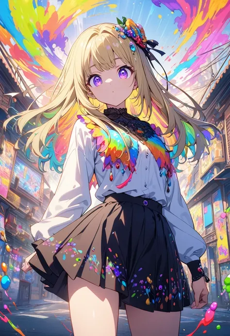 1 person、masterpiece、Highest quality、Beauty、Big eyes、Purple Eyes、Left eye is yellow-green、Blonde Hair、Straight Hair、skirt、Long sleeve、Jeweled Hair Ornaments、Multicolor、colorful、colorfulな背景、paint、anime