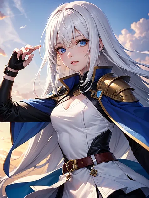  a young woman looking at the sky with white hair  , with intense blue eyes, in an anime digital art style/high quality sleeve. His face shows signs of struggle, with various bandages and scars , also in one of his eyes , carries a ruby red hexagonal shape...