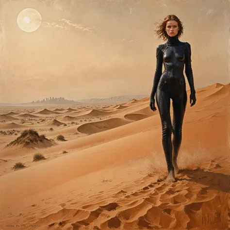 An digital illustration sci-fi drawing frank herbert dune masterpiece and intricate details and the best quality art by, (Peter of Schendel) (Hans Raven) and (Dorian Clevinger) and (Luis Royo) a young attractive Fremen woman and delicate dust covered face ...