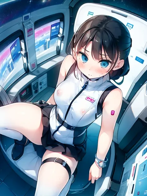 (Highest quality), (masterpiece), 1080P, High resolution, 4K, 8k, Inside the space station、Futuristic room、Thigh straps, Shooting from directly below, The woman on top of me, Nipples, 白いSweat, Covered , Sweat, Woman looking down, Skirt swimsuit, Thigh-high...