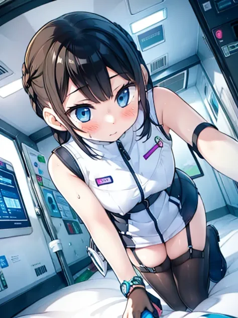 (Highest quality), (masterpiece), 1080P, High resolution, 4K, 8k, Inside the space station、Futuristic room、Thigh straps, Shooting from directly below, The woman on top of me, Nipples, 白いSweat, Covered , Sweat, Woman looking down, Skirt swimsuit, Thigh-high...