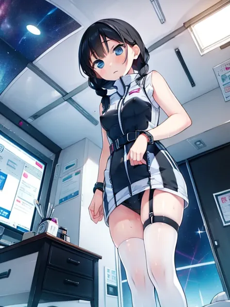 (Highest quality), (masterpiece), 1080P, High resolution, 4K, 8k, Inside the space station、Futuristic room、Thigh straps, Shooting from directly below, The woman on top of me, Nipples, 白いSweat, Covered , Sweat, Woman looking down, Skirt swimsuit, Thigh-high...