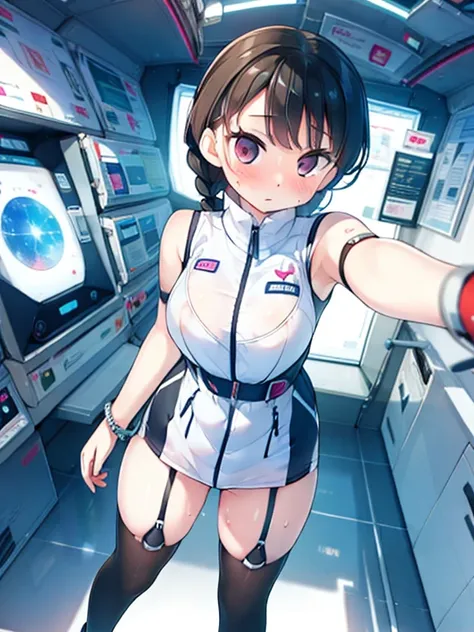 (Highest quality), (masterpiece), 1080P, High resolution, 4K, 8k, Inside the space station、Futuristic room、Thigh straps, Shooting from directly below, The woman on top of me, Nipples, 白いSweat, Covered , Sweat, Woman looking down, Skirt swimsuit, Thigh-high...