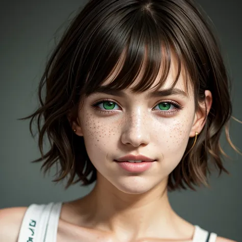 1girl,solo,looking at viewer,short hair,bangs,simple background,brown hair,black hair,green eyes,parted lips,teeth,grey background,lips,eyelashes,traditional media,messy hair,portrait,close-up,freckles,realistic ,glowin eyes