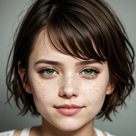 1girl,solo,looking at viewer,short hair,bangs,simple background,brown hair,black hair,green eyes,parted lips,teeth,grey background,lips,eyelashes,traditional media,messy hair,portrait,close-up,freckles,realistic ,glowin eyes