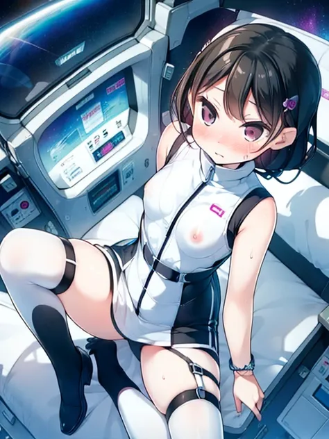 (Highest quality), (masterpiece), 1080P, High resolution, 4K, 8k, Inside the space station、Futuristic room、Thigh straps, Shooting from directly below, The woman on top of me, Nipples, 白いSweat, Covered , Sweat, Woman looking down, Skirt swimsuit, Thigh-high...