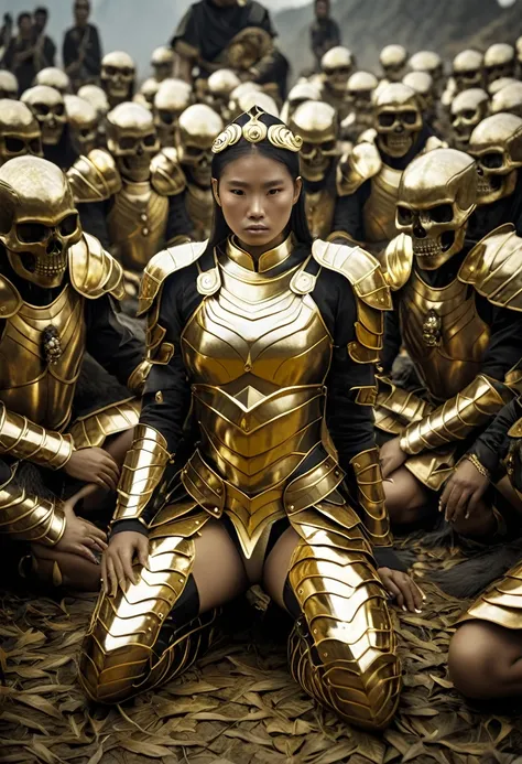 A warrior woman wearing golden armor sits in the middle of a group of skulls 