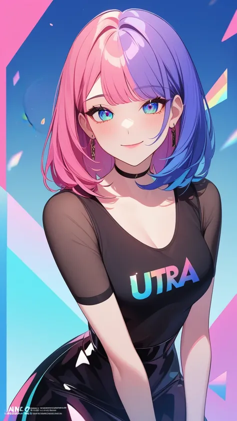 masterpiece,bestquality,fingeraudience,1girl,pinkandbluehair,hand,cuteanimeface, half close eyes,masterpiece,transparentcolorPVCclothing,transparentcolorvinylclothing,wholebody,glitchlump}onface, evil smile,mediumhair,filmgrain,lens_flare,colorful,chromati...