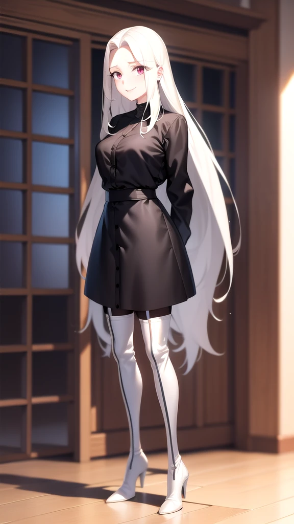 masterpiece, best quality, absurdres, perfect anatomy, anime_girl, 1girl, solo, Irisviel von Einzbern, smile, long hair, black shirt, dress shirt, white thigh high boots, heels, plaid skirt, pantyhose, cowboy shot, standing, smile, indoors, arms behind bac...